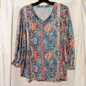 Rapbin Boho Paisley V-Neck Blouse XL Statement Sleeve Resortcore Flowy Artsy